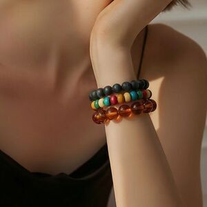 EUC - 3 Beaded Bracelets - Stacking - Brown; Multi; and Black with White Bead